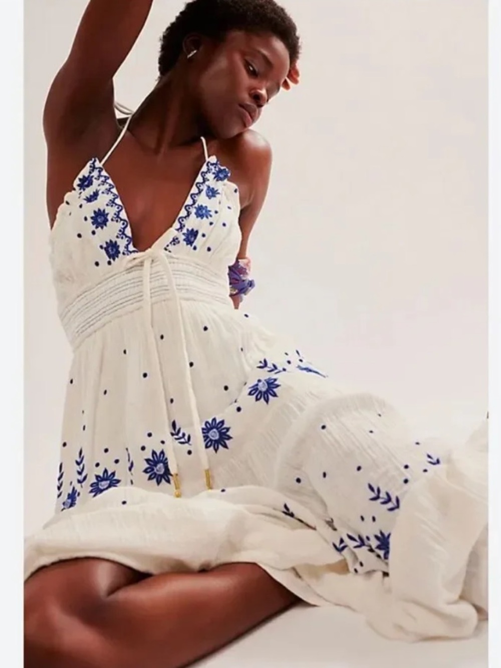 White Maxi Dress with Blue Floral Embroidery